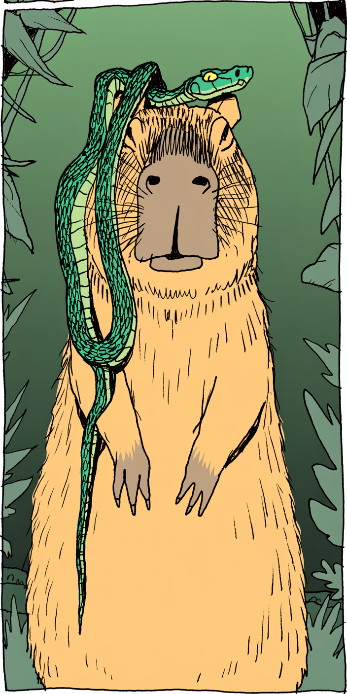 a comic book panels of asnake on top of a capybara in the style of Zviane's Football Fantaisie